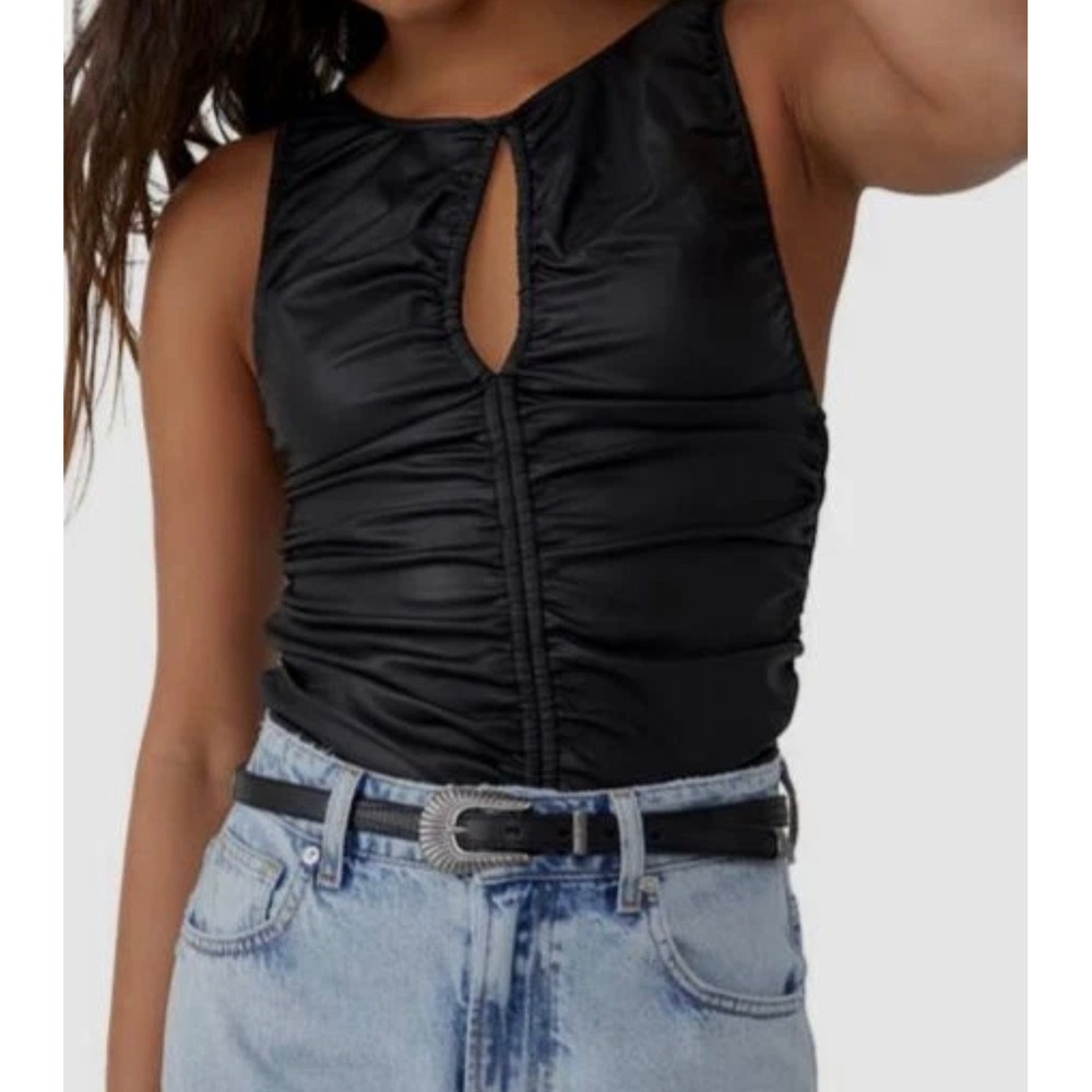 Free People Ruched Keyhole Top Womens S/M Black Faux Leather Sleeveless